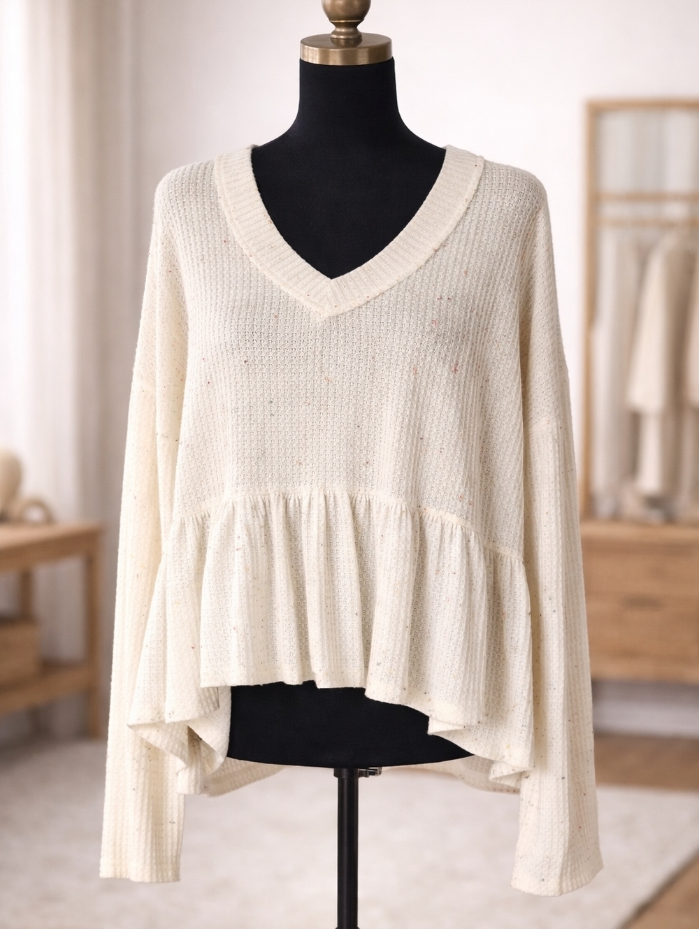 Altar'd State Cream V-Neck Peplum Knit Top